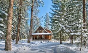 Una cabaña de madera rodeada de árboles cubiertos de nieve.