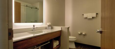 A modern bathroom with a double sink vanity, a mirror, a toilet, and a towel rack.
