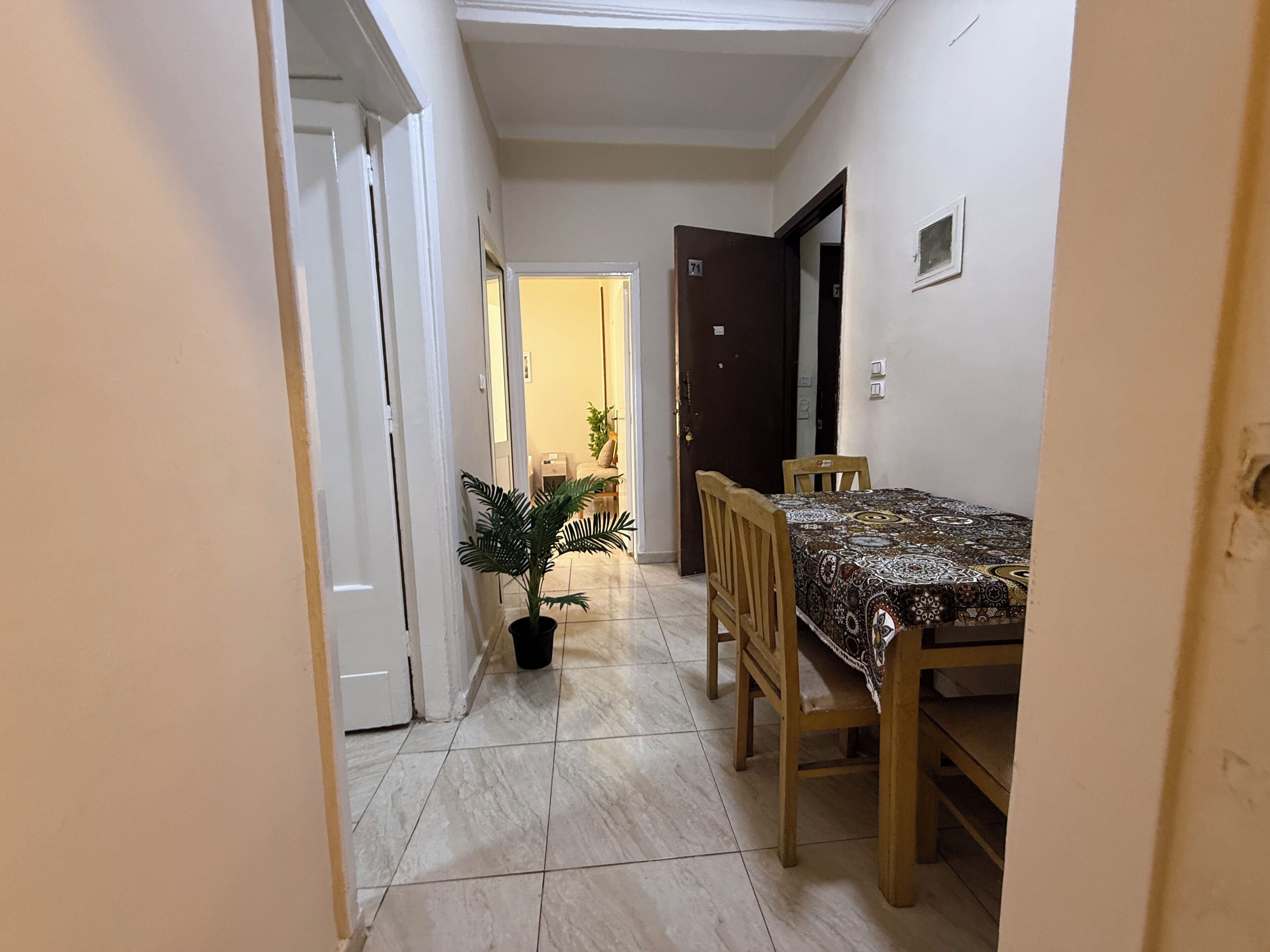 A hallway with a dining area featuring a table and chairs, a potted plant, and a door leading to another room.