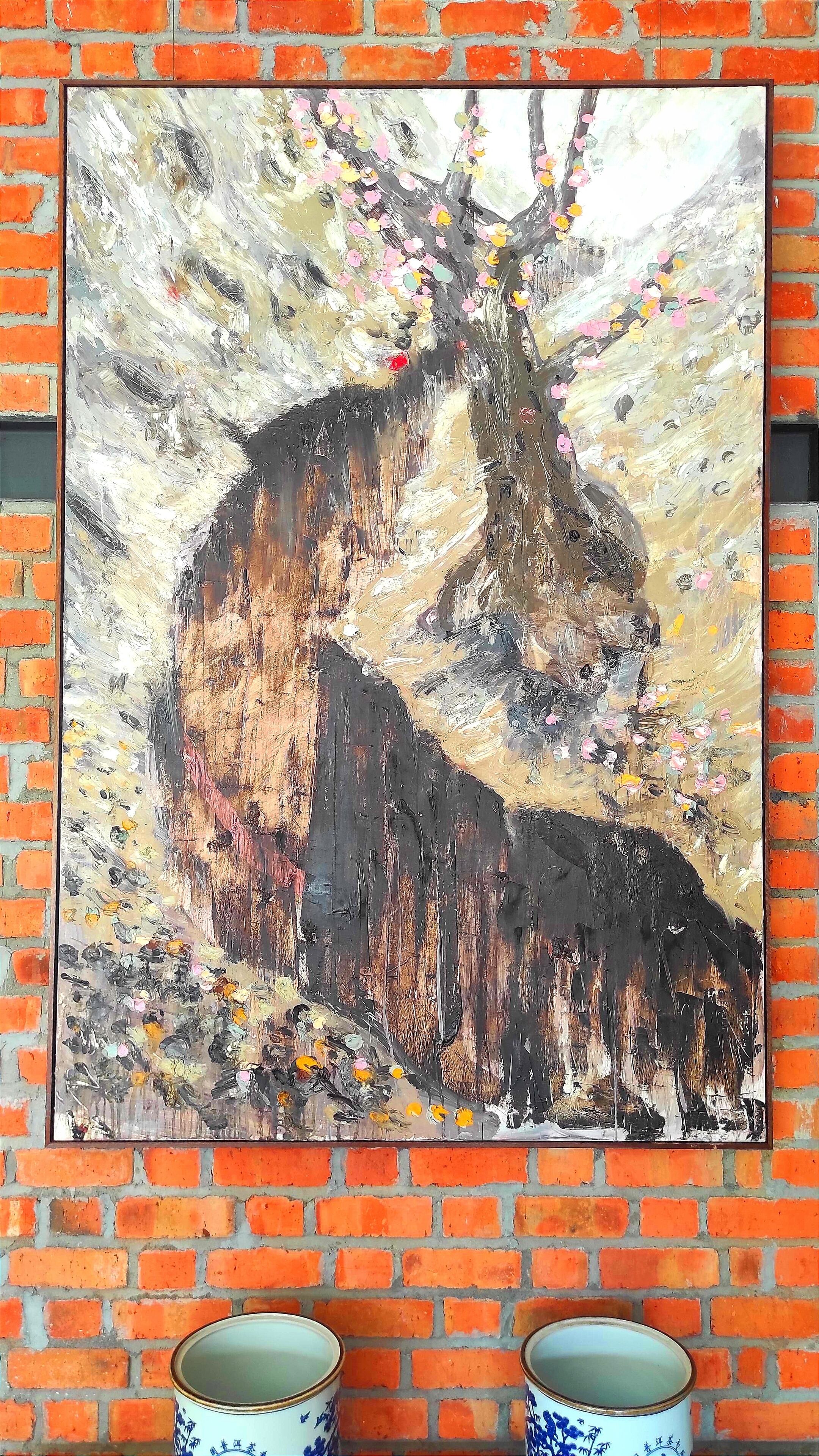 A painting of a horse on a wall with a brick pattern.