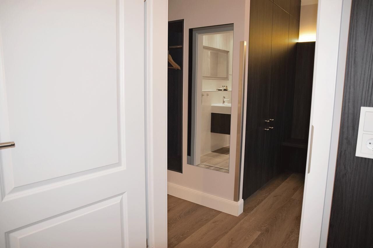 A hallway with a white door, a closet with a mirror, and a dark wooden wall.