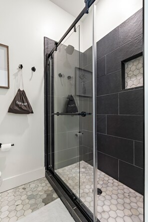 Hair dryer, towels, soap, toilet paper