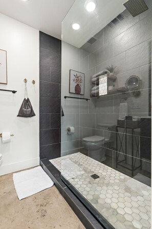 Hair dryer, towels, soap, toilet paper