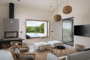 Smart TV, chimenea, libros