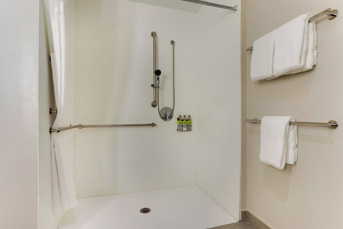 A shower area with a grab bar, a towel rack, and a showerhead.