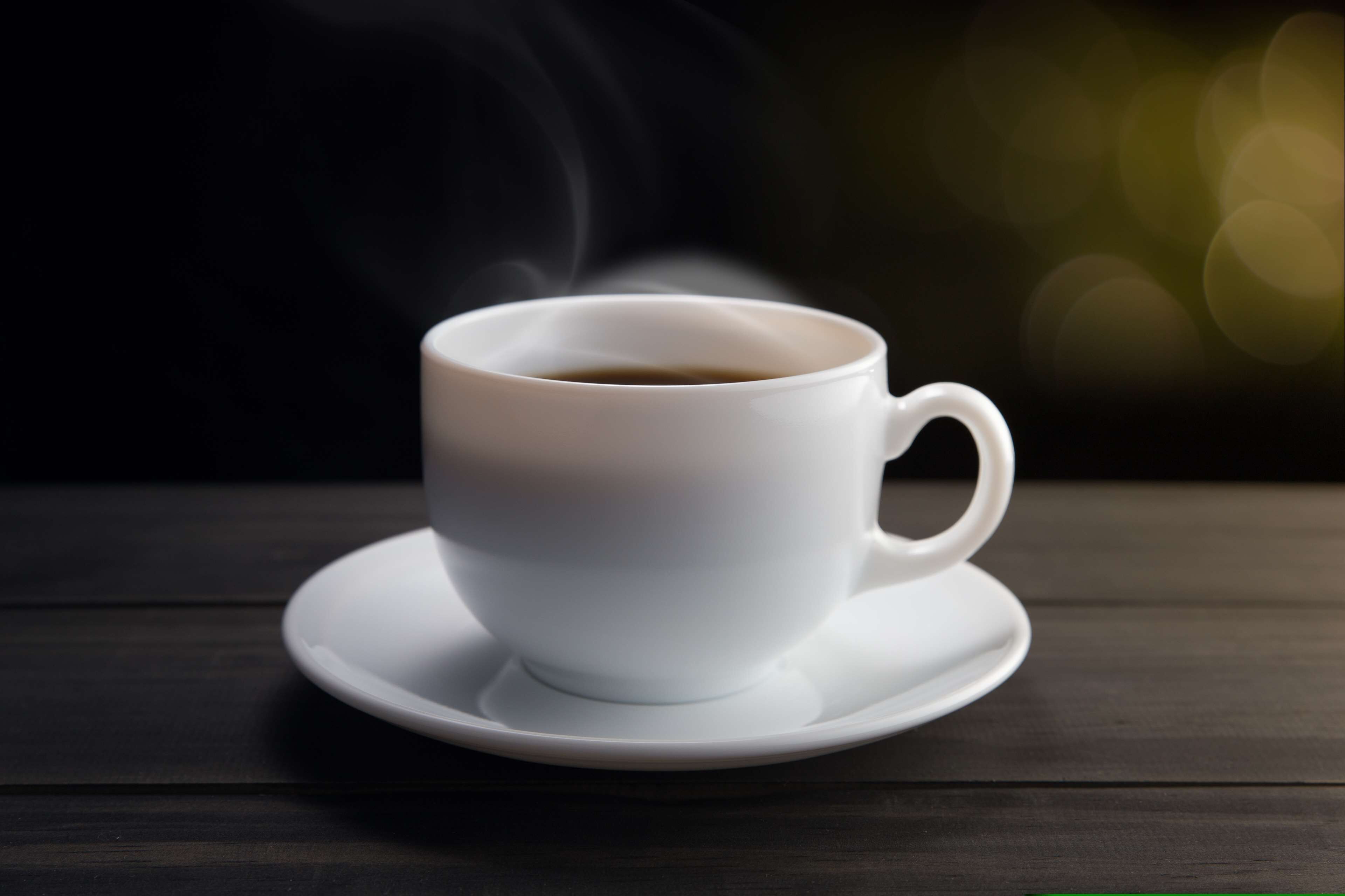 A white cup of coffee on a saucer on a wooden table.