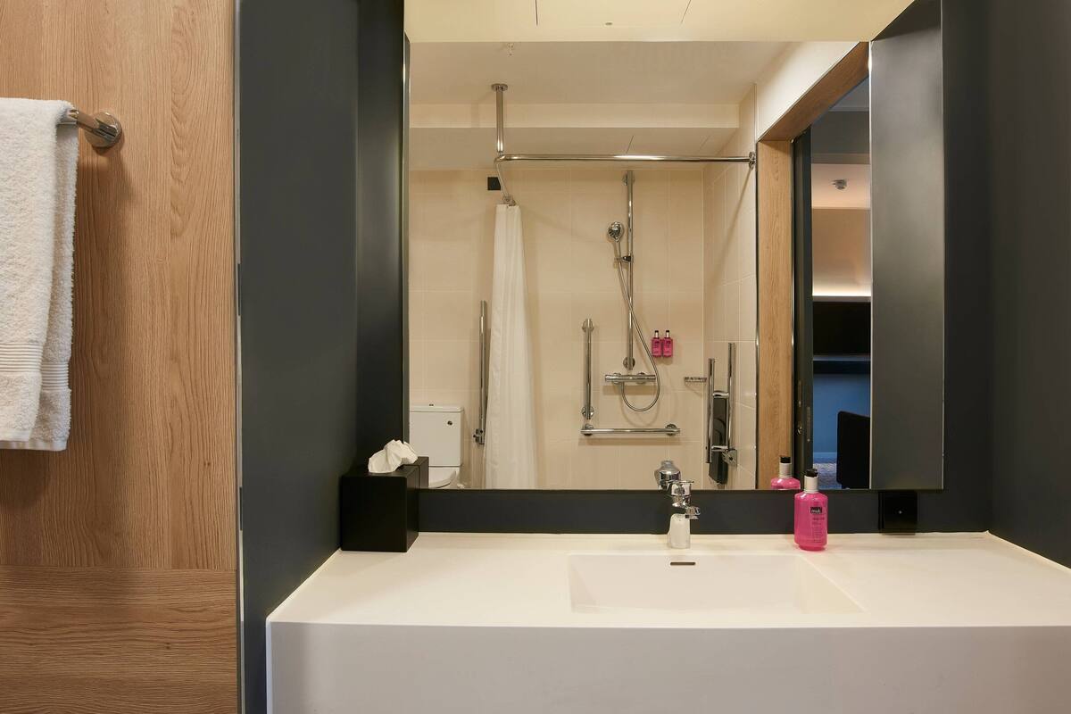 family room, 1 queen bed with sofa bed, non smoking | bathroom | hair dryer, towels