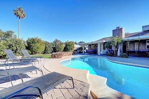 A swimming pool with lounge chairs, a palm tree, and a building with a brick facade.