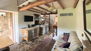 A cozy living room with a sofa, a coffee table, and a stone fireplace. There is a kitchen area with a microwave and a sink.