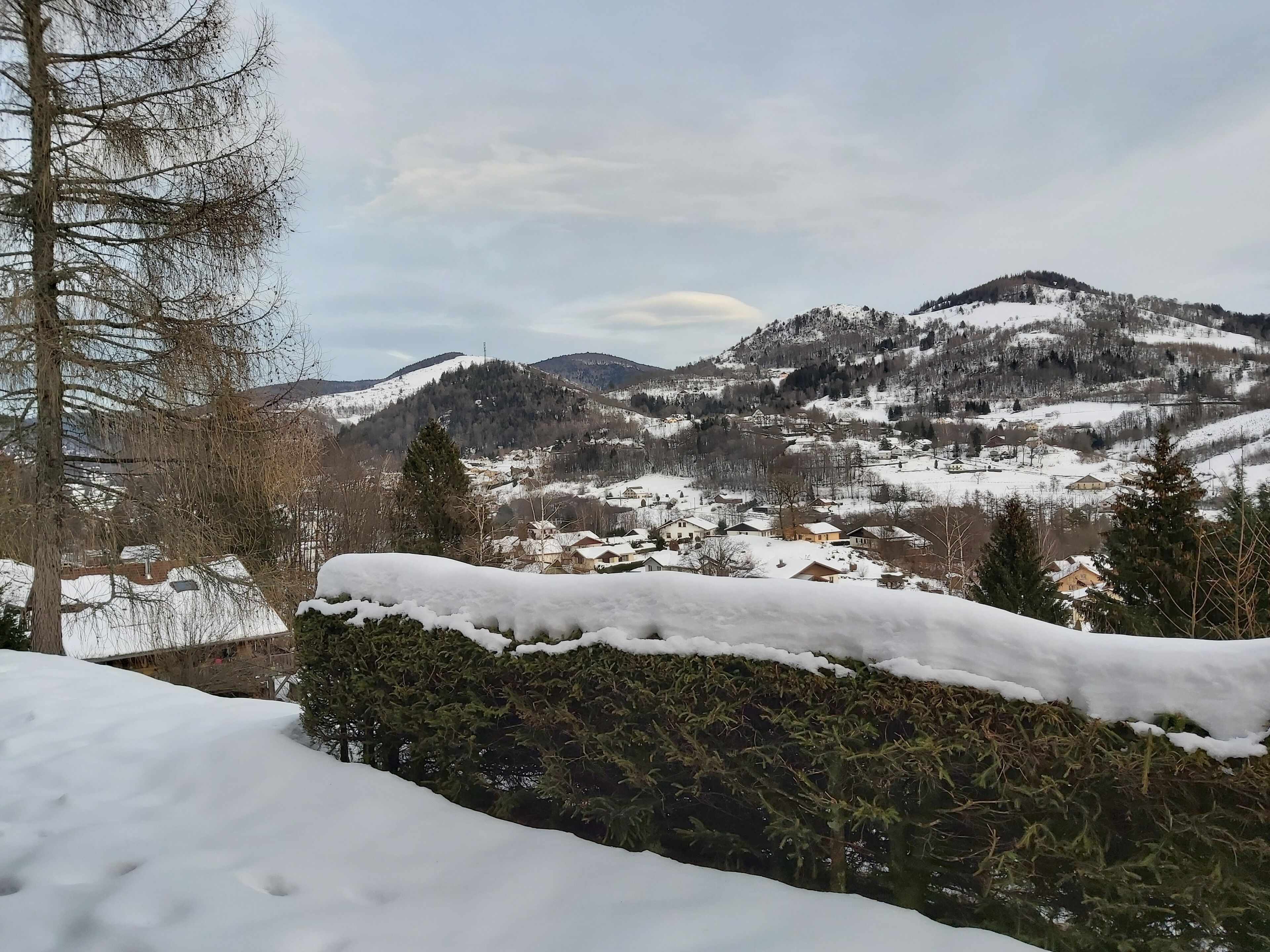 A snow-covered landscape with houses and trees.