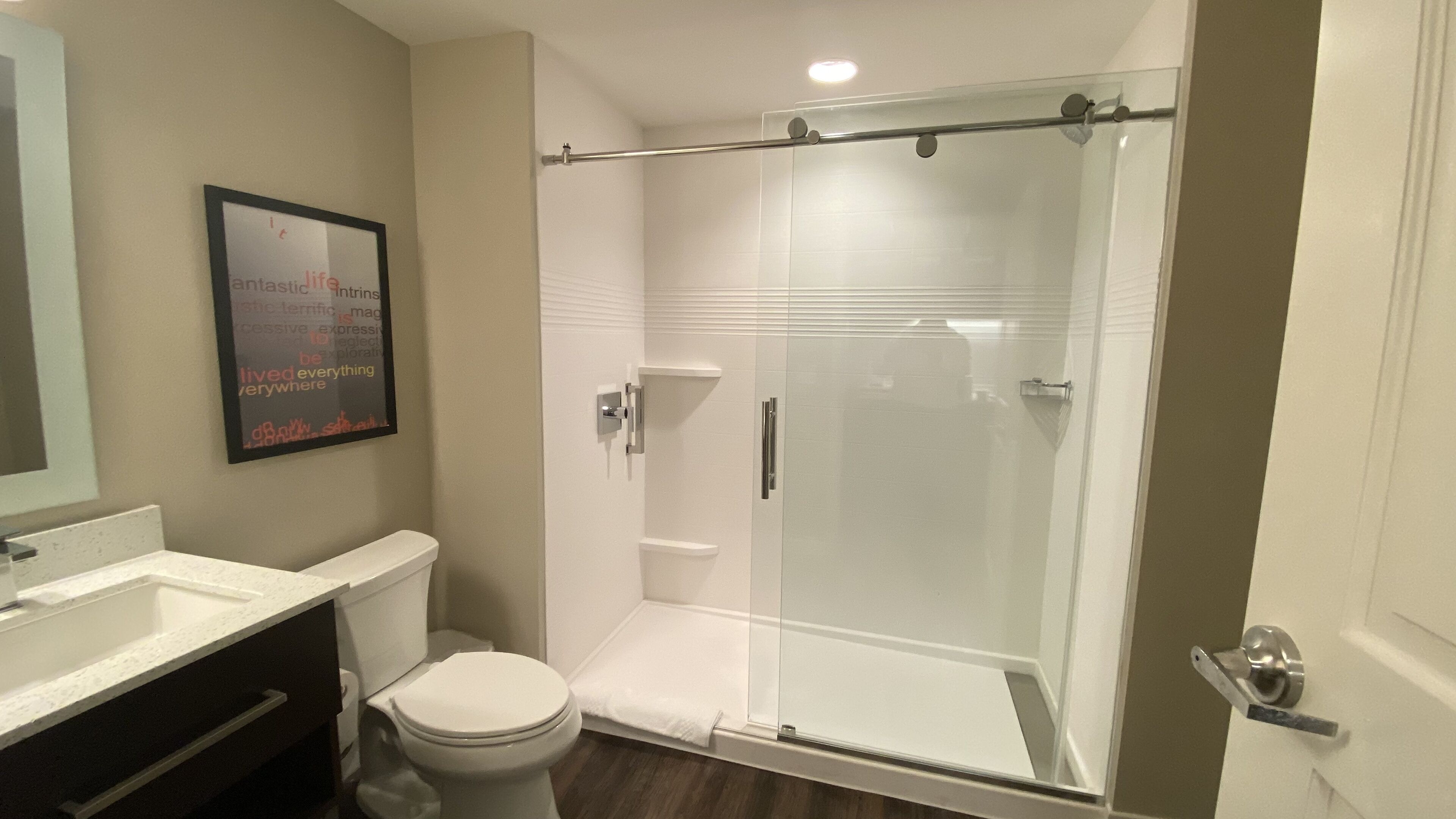A modern bathroom with a glass shower enclosure, a toilet, and a vanity with a mirror.