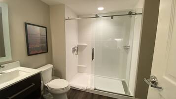 A modern bathroom with a glass shower enclosure, a toilet, and a vanity with a mirror.
