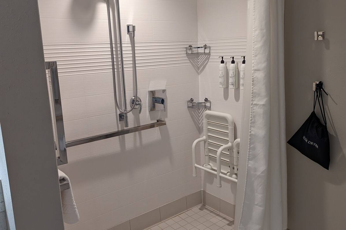 studio, 2 queen beds, non smoking (mobility accessible, roll-in shower) | bathroom | free toiletries, hair dryer, towels, soap