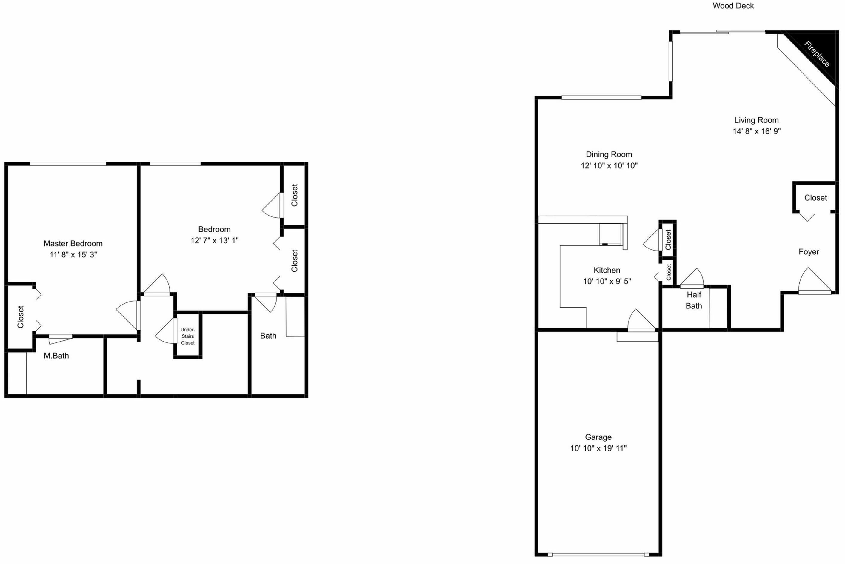 Un plan d’étage d’une maison comprenant une chambre principale, une chambre, une salle de bain, une salle à manger, une cuisine, un salon, un hall d’entrée, une petite salle de bain et un garage.