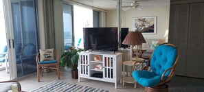 TV, books - Dolphin View-oceanfront condo with large balcony overlooking no drive beach. (Ponce Inlet)