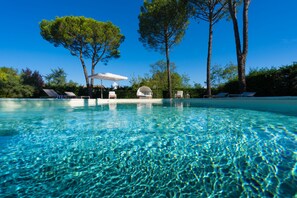 A clear swimming pool with lounge chairs and umbrellas, surrounded by trees. - Beautiful villa with swimming pool and air conditioning, near Lucca (Altopascio)