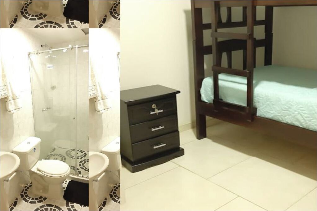 Regadera, toallas, jabón, papel de baño 