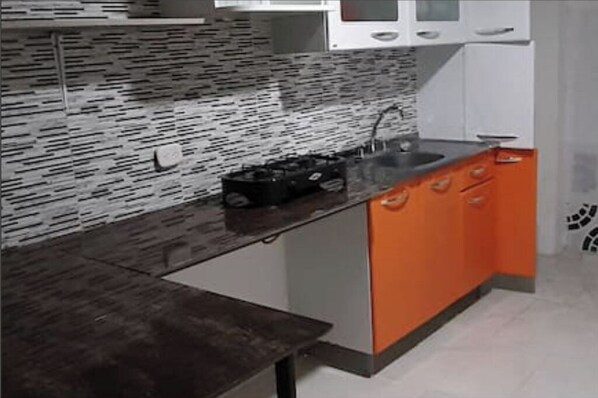 Fridge, dishwasher, cookware/dishes/utensils