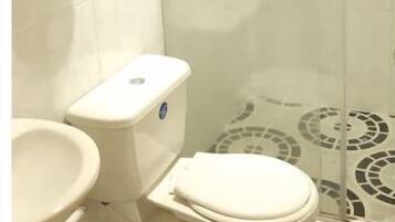 Regadera, toallas, jabón, papel de baño