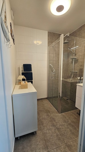 Douche, séchoir à cheveux, savon, papier de toilette