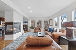 Smart TV, fireplace, DVD player, stereo