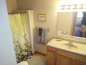 Bathtub, hair dryer, towels, soap