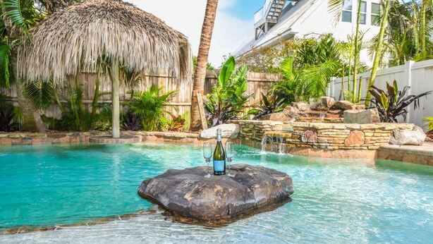 Piscina com um elemento central de rocha, plantas tropicais e uma estrutura de palha.