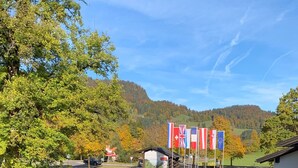 Une route de campagne avec un petit bâtiment et des drapeaux.