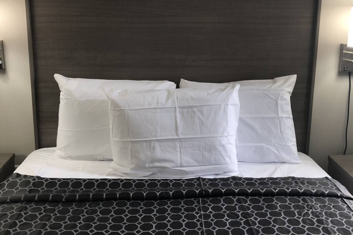 A bed with a dark headboard, white pillows, and a black and white patterned bedspread.