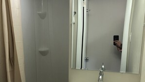 A bathroom with a shower, a sink, and a mirror. - Trolley Stop Motel (Media)