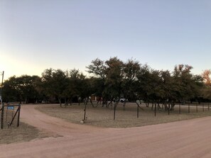Uma área de parque cercada, com árvores e um caminho de terra.