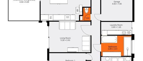 A floor plan with a kitchen, living room, two bedrooms, a bathroom, a laundry room, and a garage.