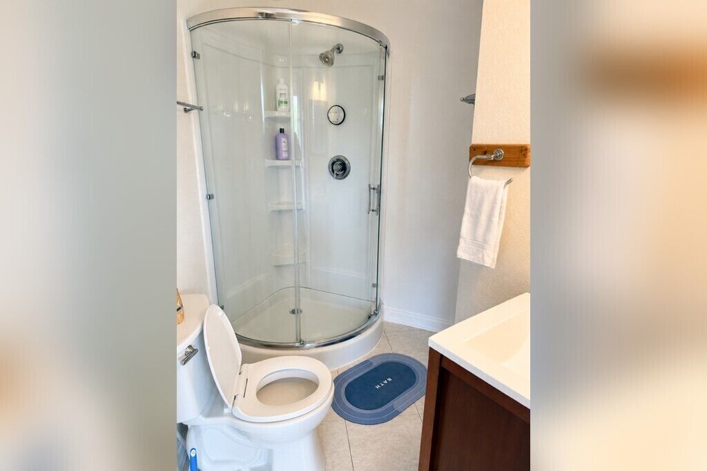 A bathroom with a glass-enclosed shower, a toilet, and a sink.