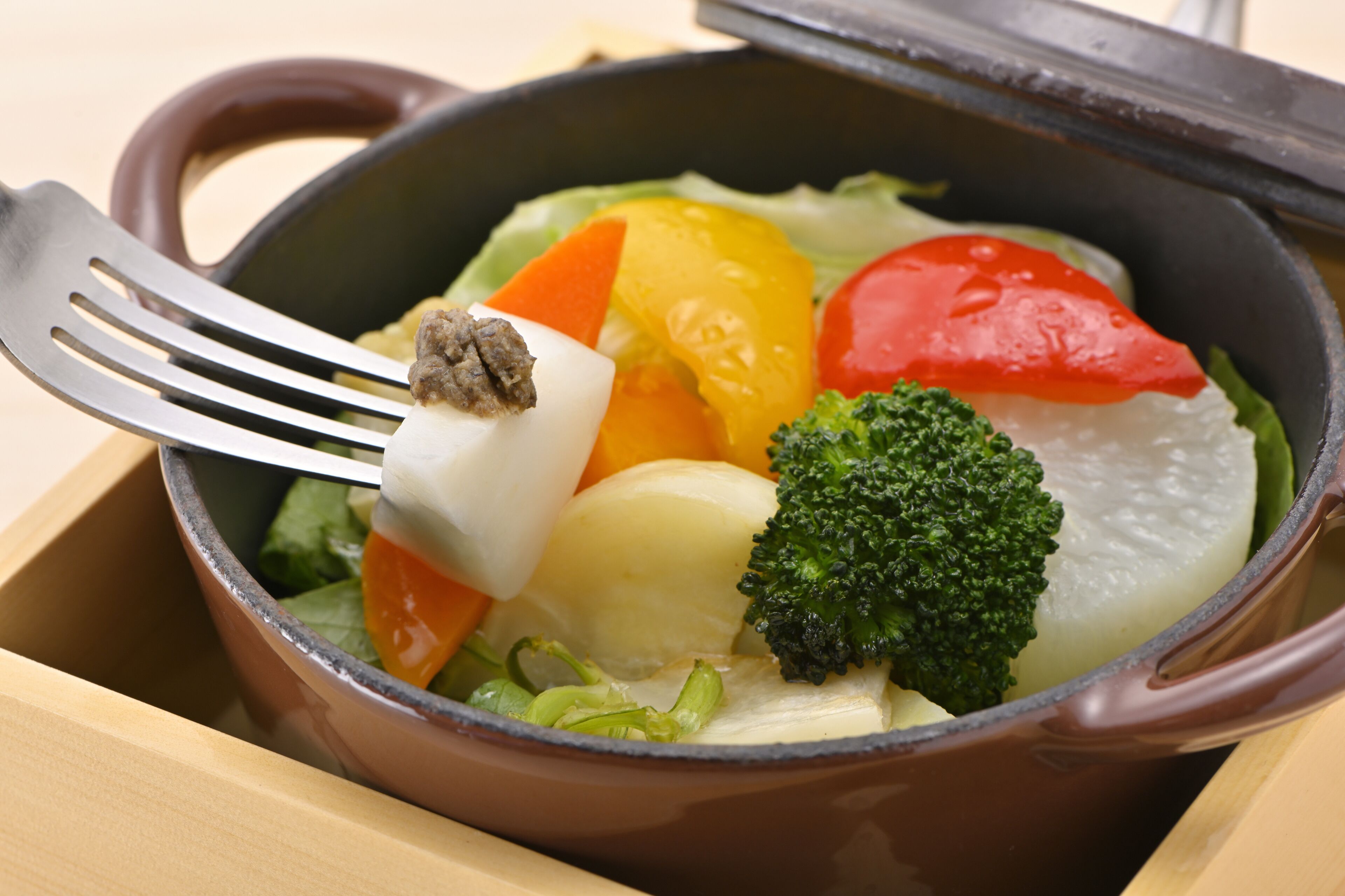 Un bol de soupe contenant des légumes et de la viande.