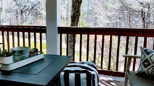 Eine Holzterrasse mit Tisch, Stühlen, einem Blumentopf und einem Tablett.