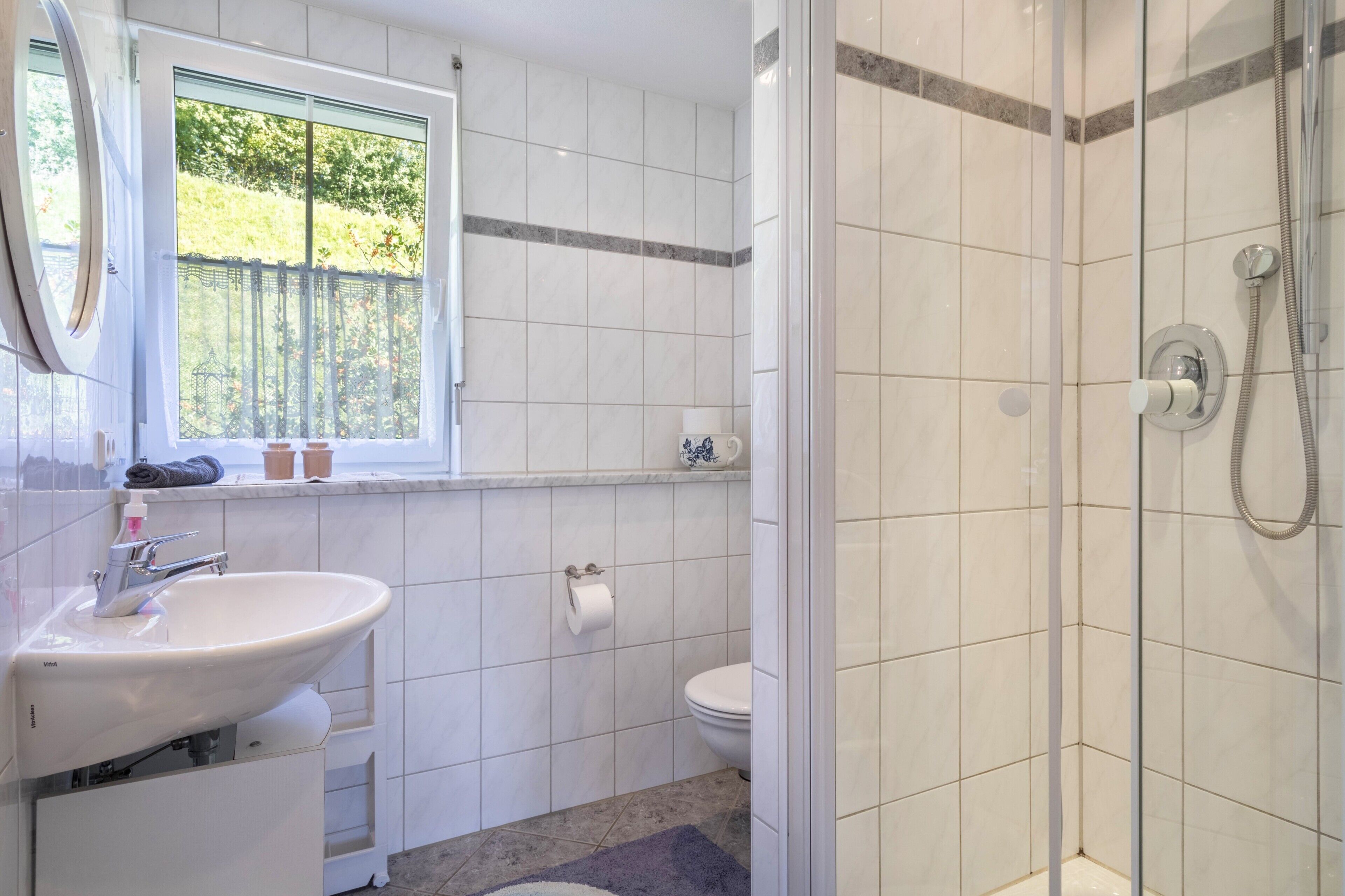 Shower, hair dryer, towels