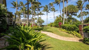 Un complexe hôtelier tropical avec des palmiers, un sentier et une vue sur l’océan.