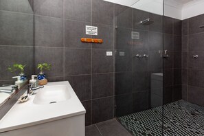 Douche, sèche-cheveux, serviettes fournies, savon