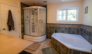 Hair dryer, towels, soap, shampoo