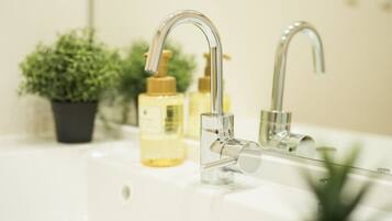 Separate tub and shower, free toiletries, hair dryer, electronic bidet