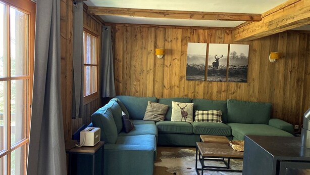 Una habitación acogedora con paredes de madera, un sofá verde, una mesita y una ventana con cortinas.