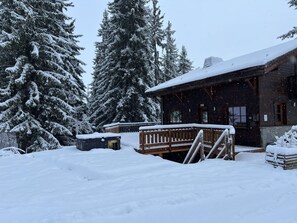 Une cabane en bois dotée d’un porche, entourée d’arbres couverts de neige.