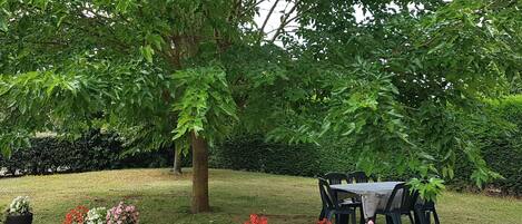 A garden with a table and chairs, surrounded by trees and flower planters.