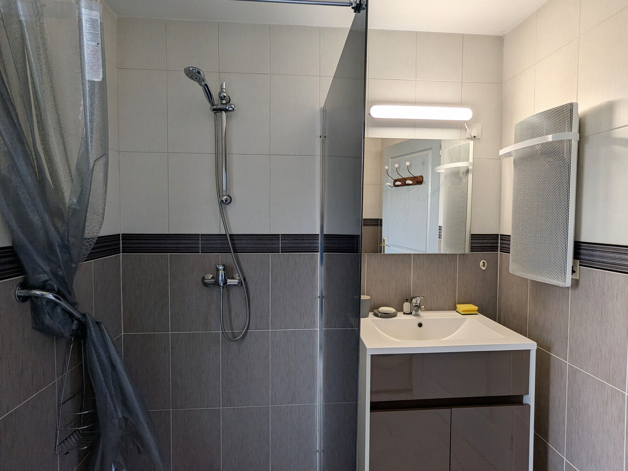 A bathroom with a shower, sink, and mirror.