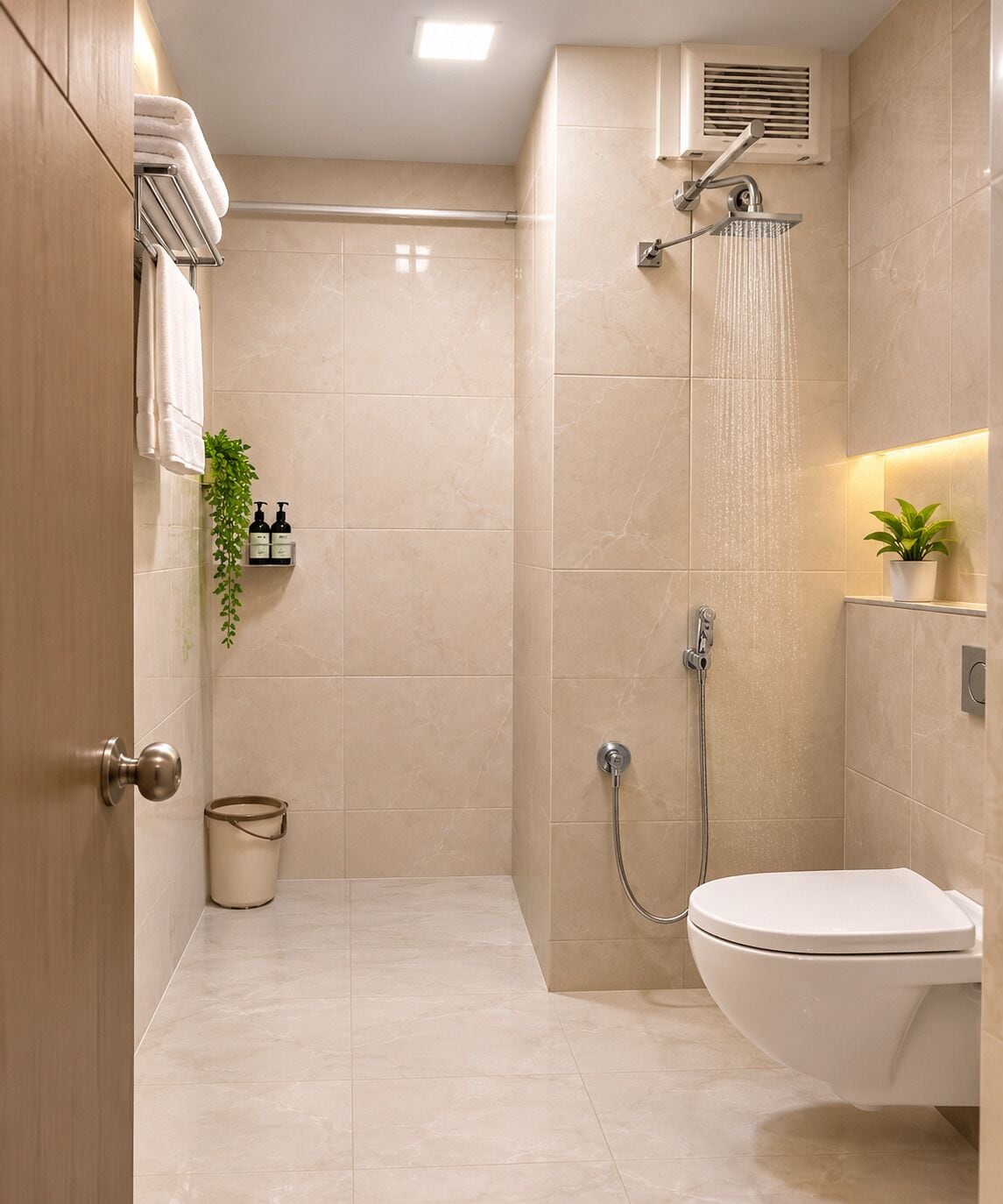 Un baño moderno con ducha, inodoro y lavamanos.