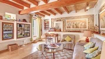 Televisio, takka, DVD-soitin, pöytätennispöytä