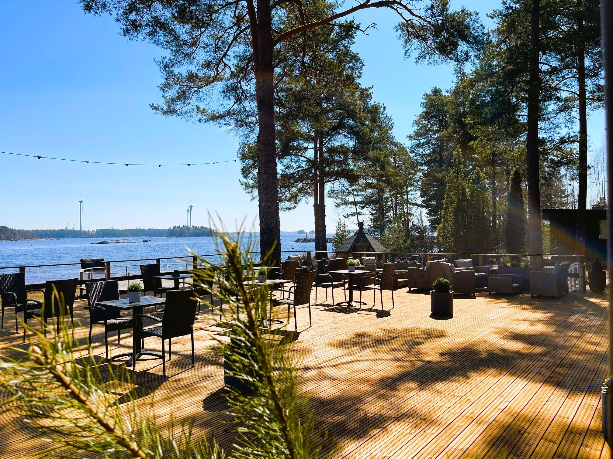 An outdoor deck with wooden flooring, surrounded by tall trees and overlooking a body of water.