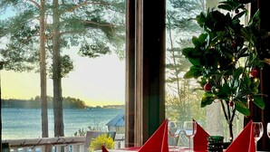 A dining table with red napkins and wine glasses, set against a backdrop of a lake and trees.