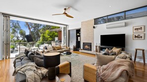 Fernseher, Kamin, DVD-Player, Bücher