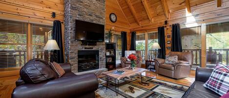 Smart TV, fireplace, video games, DVD player